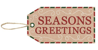 WREATH SIGN | 12.5"H x 6"L SEASONS GREETINGS TAG | WOOD |NATURAL/RED/GREEN | CHRISTMAS