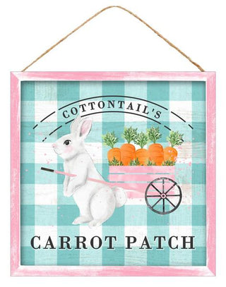WREATH SIGN | 10" SQUARE | BUNNY CARROT PATCH | CARROTS | GINGHAM | AQUA/WHITE/PINK/ORANGE | EASTER | WOOD | AP8765