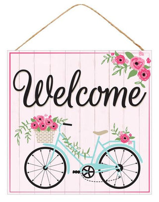 WREATH SIGN | 10" SQUARE | WELCOME | BICYCLE | WOOD | SPRING | AP8770
