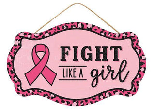 WREATH SIGN | 12.5L X 7.5H | FIGHT LIKE A GIRL | BREAST CANCER AWARENESS | LIGHT PINK/HOT PINK/BLACK | SHAPE WOOD | ACCESSORIES