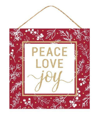 WREATH SIGN | 10" SQUARE | PEACE/LOVE/JOY |WHITE/RED/GOLD | ACCESSORIES | CHRISTMAS | WOOD | AP8953