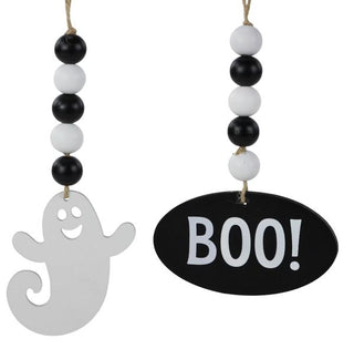 WREATH ACCENT | 2- 6.5" individual wood bead ornaments | BOO AND GHOST | BLACK AND WHITE | ORNAMENT | HALLOWEEN | ACCESSORIES