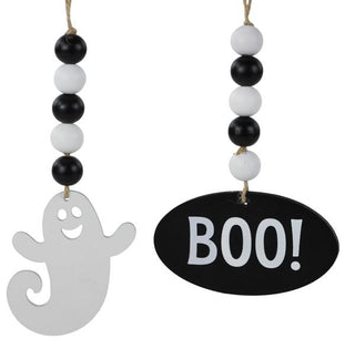 ACCENT DE COURONNE | 2- 6,5" ornements individuels en perles de bois | BOO AND GHOST | NOIR ET BLANC | ORNEMENT | HALLOWEEN | ACCESSOIRES