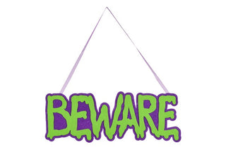 WREATH ACCENT | 13.25"X5"H FELT BEWARE SIGN | LIME/PURPLE | HH755257