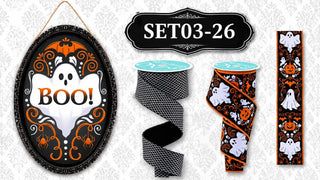 MATCHING SIGN/RIBBON SET | BOO Ghost Damask | bl/wh/or | SET03DG-26CAN