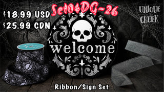 MATCHING SIGN/RIBBON SET | Welcome Damask Skeletal | bl/wh/gr | SET04DG-26CAN