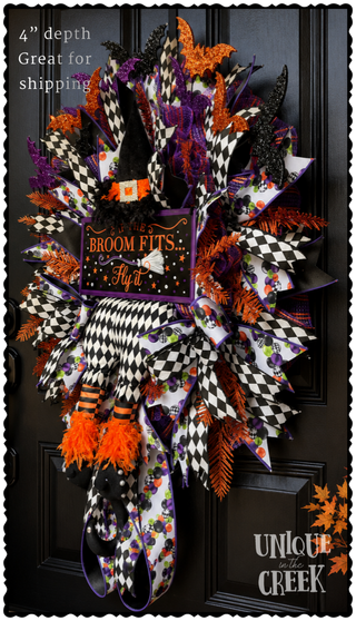DIY WREATH KIT | HARLEQUIN 2PC WITCH KIT |  IF THE BROOM FITS, FLY IT  | ORANGE/BLACK/WHITE/PURP | KIT041-26
