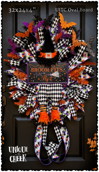 DIY WREATH KIT | HARLEQUIN 2PC WITCH KIT |  IF THE BROOM FITS, FLY IT  | ORANGE/BLACK/WHITE/PURP | KIT041-26