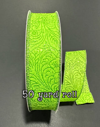 RIBBON | 1.5 "X 50YD | FLORAL EMBOSSED | LIME GREEN GLITTER | 871-09-439