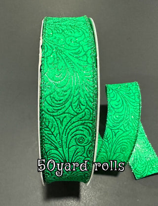 RIBBON | 1.5 "X 50YD | FLORAL EMBOSSED | EMERALD GREEN  GLITTER | 871-09-433