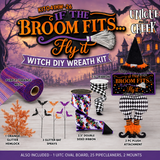 DIY WREATH KIT | HARLEQUIN 2PC WITCH KIT |  IF THE BROOM FITS, FLY IT  | ORANGE/BLACK/WHITE/PURP | KIT041-26