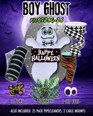 DIY WREATH KIT | PLUSH BOY GHOST 2PC WREATH ATTACHMENT |  HAPPY HALLOWEEN  | BLACK/WHITE/GREEN | KIT052BG-26CAN
