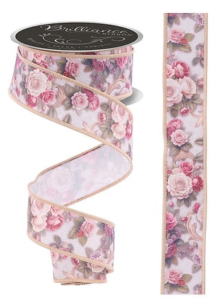 RIBBON | 1.5"X10YD | FLORALS W SCROLLS | IVORY/GOLD/GREY/OLIVE/RED | LS1314RT