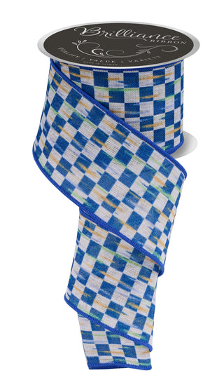 RIBBON | 2.5"X10YD | MINI ANTIQUE CHECKERBOARD| BEIGE/BLUE | LS314325
