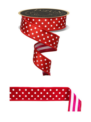 RIBBON | 1.5"X10YD POLKA DOT/STRIPED | DOUBLE SIDED | Red/White/Hot Pink | LX3064Y9