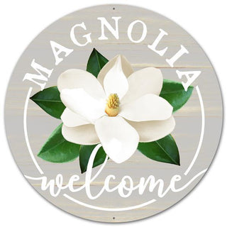 WREATH SIGN |12"DIA METAL MAGNOLIA WELCOME SIGN | GREY/WHITE/GREEN | MD0494