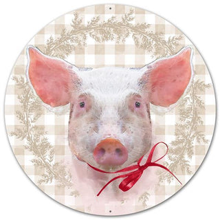 WREATH SIGN |12"DIA METAL PIG/CHECK SIGN | WHITE/PINK/BEIGE/RED | MD0500