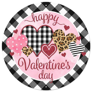 WREATH SIGN |12"DIA METAL/GLTTR VALENTINE'S DAY SIGN | BLK/WHT/PALE PNK/GLD/BRN | MD0777