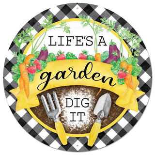 WREATH SIGN | 12"DIA LIFE'S A GARDEN DIG IT SIGN | BLACK/WHITE/YELLOW/GREEN | MD0874