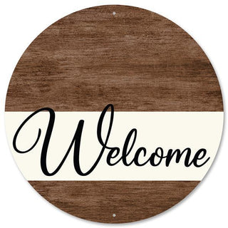 WREATH SIGN | 12"DIA | METAL WELCOME | BROWN WOOD | EVERYDAY | MD0889