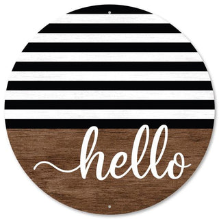 WREATH SIGN | 12" DIA | METAL SIGN | HELLO | BROWN/BLACK/WHITE | MD0895