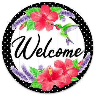 WREATH SIGN |12"DIA WELCOME W/HUMMINGBIRD SIGN | LAVENDER/PINK/GRN/BLK/WHT | MD0922 - Unique in the Creek LTD