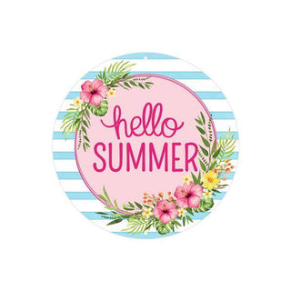WREATH SIGN | 8"DIA METAL SIGN | HELLO SUMMER FLORAL WREATH | WHT/PNK/LT BLUE/YLW/GRN | MD0948