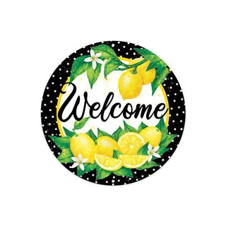 WREATH SIGN | 8"DIA METAL SIGN | WELCOME W/LEMONS W/DOT BORDER | YELLOW/GREEN/WHITE/BLACK | MD0951