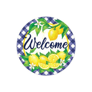 WREATH SIGN | 8"DIA METAL SIGN | WELCOME W/LEMONS W/CHECK BORDER | YELLOW/GREEN/WHITE/BLUE | MD0952