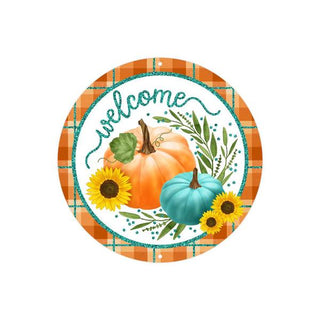 WREATH SIGN | 8"DIA METAL/GLITTER | WELCOME W/PUMPKINS | ORANGE/TEAL/MOSS/YELLOW| MD0963