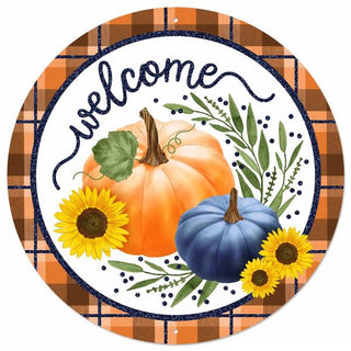 WREATH SIGN | 12"DIA METAL/GLITTER WELCOME W/PUMPKINS | NAVY/OR/YLLW/MOSS | MD096719