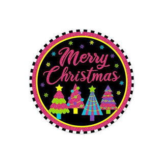 WREATH SIGN | 8"DIA METAL SIGN | MERRY CHRISTMAS W/TREES | HOT PINK/BLACK/LIME/YLLW | MD0978