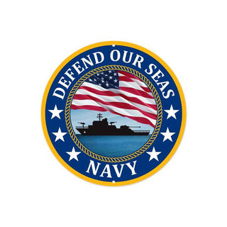 WREATH SIGN | 8"DIA METAL | DEFEND OUR SEAS | US NAVY | PATRIOTIC | ARMED FORCES | MULTI/RED/WHITE/BLUE | MD1113