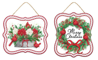 WREATH SIGN | 2 PACK SIGNS | 7"H x 6"L Christmas Cardinal Sign | METAL | MD1168