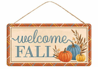 WREATH SIGN | 12"x6L | Tin WELCOME FALL Sign| CREAM/BLUE/ORANGE | PUMPKINS | FALL | AUTUMN | MD1203