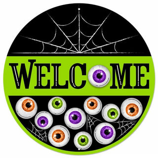 WREATH SIGN | 12"DIA METAL | WELCOME EYEBALLS SIGN | BLK/WHT/ORG | MD1370