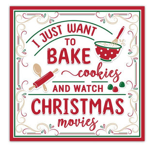 WREATH SIGN | 10"SQUARE METAL | WATCH MOVIES AND BAKE COOKIES | RED/WHITE/EMERALD | MD137895