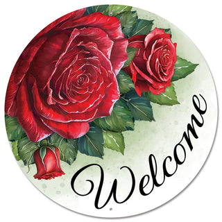 WREATH SIGN | 12"DIA METAL SIGN | WELCOME ROSES | RED/IVORY/GREEN | MD153324