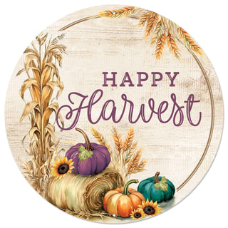 WREATH SIGN | 12"DIA METAL | HAPPY HARVEST | ORANGE/PLUM/TEAL | MD161793