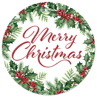WREATH SIGN | 12"DIA METAL | MERRY CHRISTMAS/HOLLY | MD167424