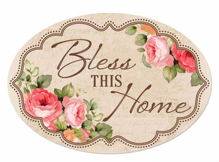 WREATH SIGN | OVAL METAL SIGN | 15"X10.25" | BLESS THIS HOME | BROWN/CORAL/GREEN | MD1743