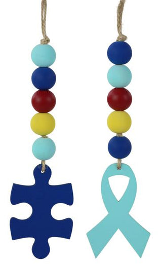 WREATH ACCENT | 2- 7" individual wood bead ornaments | AUTISM AWARENESS | PUZZLE PIECE AND RIBBON ORNAMENT | EVERYDAY | ACCESSORIES