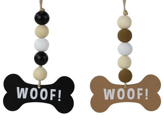 WREATH ACCENT | 2- 5" individual wood bead ornaments | WOOF | DOG BONE | BLACK/WHITE/BROWN/NAT | ORNAMENT | PET | EVERYDAY | ACCESSORIES