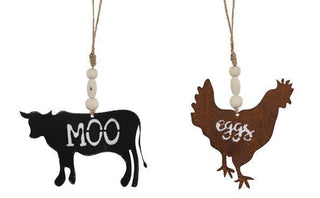 WREATH ACCENT | 2 ASST 5.75"H COW and ROOSTER ORNAMENT |wood bead | BLACK/RUST | MS1804