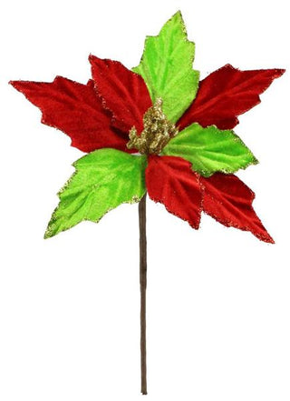 WREATH ACCENT | 6.5" DIA. GLITTER/VELVET POINSETTIA STEM | LIME/RED | NF405731