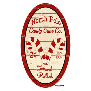 WREATH SIGN | 7"x12"| OVAL | METAL | NORTH POLE CANDY CANE CO. |  WINTER | CHRISTMAS
