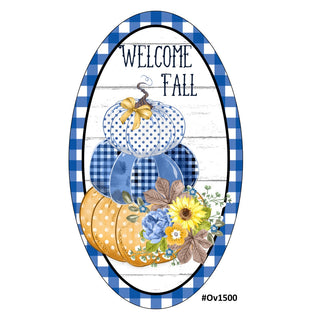 WREATH SIGN | 7"x12"| OVAL | METAL | WELCOME FALL | BLUE PUMPKINS | AUTUMN