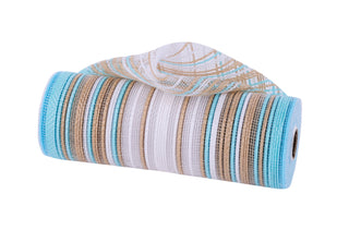 DECOMESH | 10"X10YD | MULTICOLOR VERTICAL OMBRE STRIPE MESH | ROBIN EGG/NAT/WHITE | RE13861X