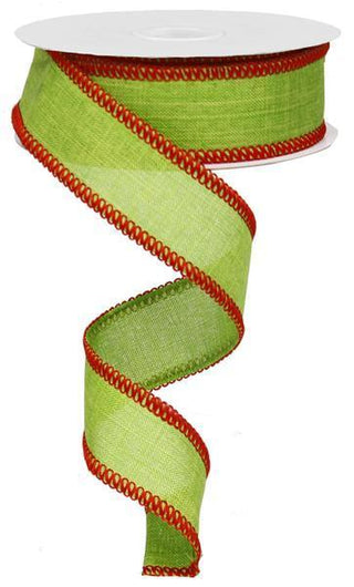 RIBBON | 1.5"X10YD | ROYAL BURLAP/STRIPE | FRESH GREEN WITH RED STITCH EDGE | RG01108J7