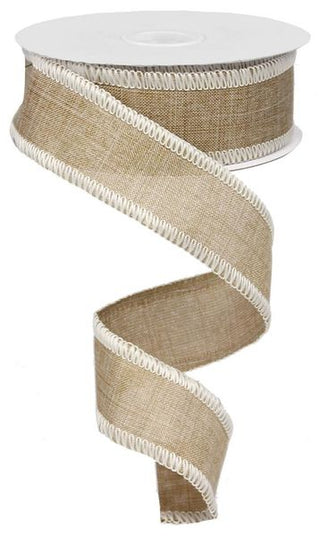 RIBBON | 1.5"X10YD | ROYAL BURLAP/STRIPE | NATURAL WITH CREAM STITCH EDGE | RG01108T4